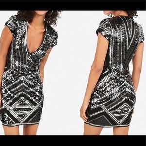 NWT Geometric Sequin Deep V Mini Sheath Dress